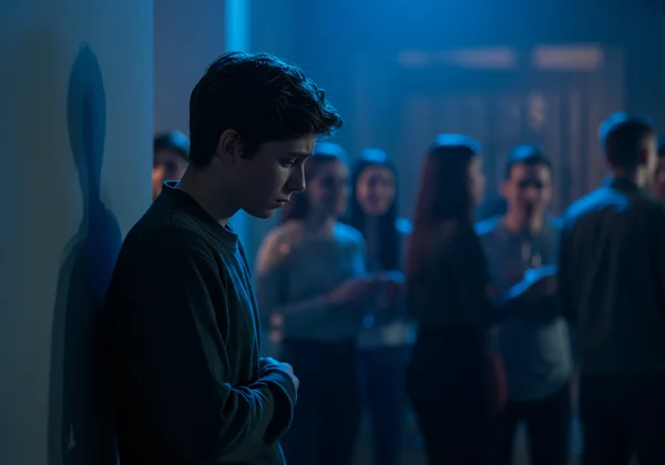 Person feeling anxious in a crowded social gathering.