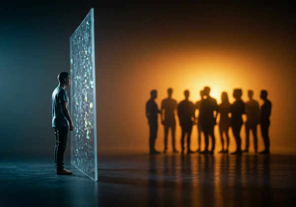 Person separated from a group by an invisible wall