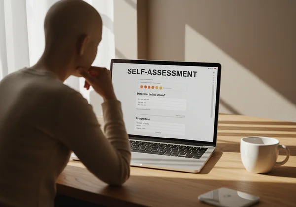 Person thoughtfully taking an online self-assessment test