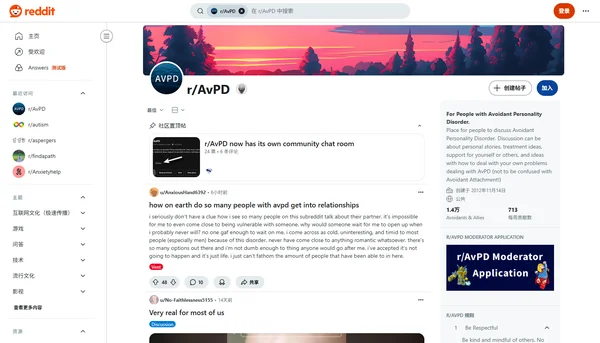 Reddit r/AvPD - สำหรับผู้ที่มีโรคบุคลิกภาพหลีกเลี่ยง