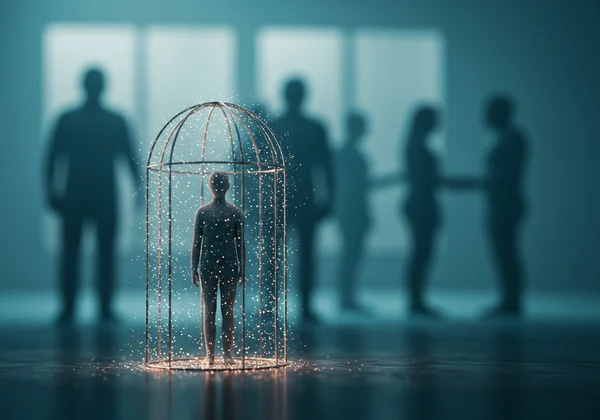 Person feeling trapped by social fears, an invisible cage