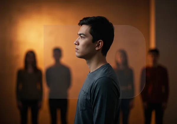 Person feeling isolated and misunderstood in a crowd