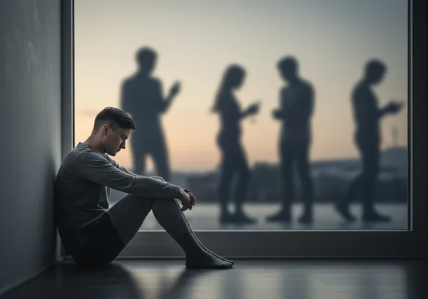 An isolated figure in a room, surrounded by blurred social interaction.