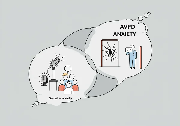 Two distinct, overlapping thought bubbles representing social anxiety and AVPD.