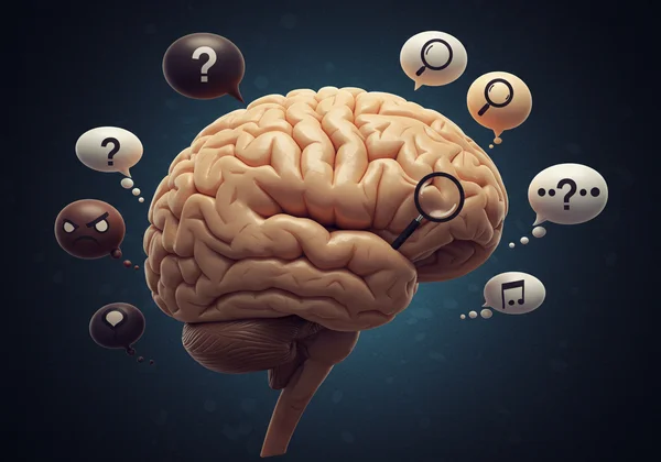 Brain with thought bubbles, challenging negative core beliefs.