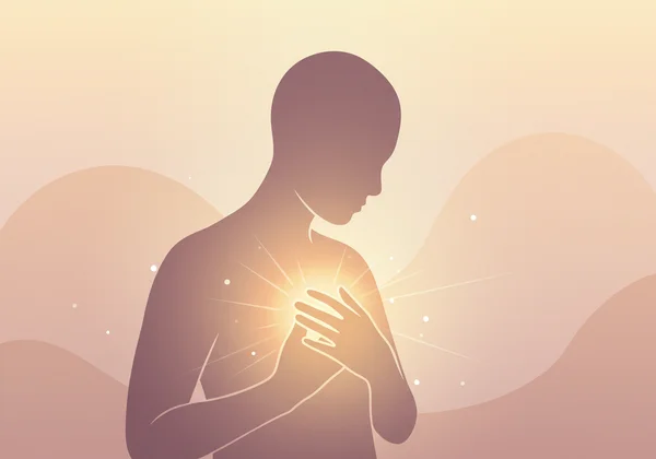 Figure with gentle light, symbolizing self-compassion.