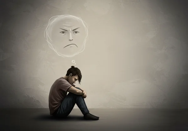 Person isolated, feeling inadequacy, with an inner critic.