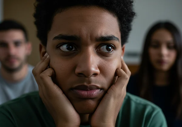 Person feeling intense fear in a social gathering