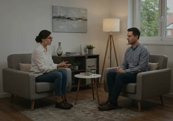 A person sitting comfortably, engaging in a calm conversation with a therapist