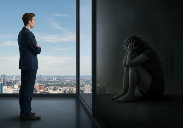 Person's calm exterior vs. anxious inner reflection.