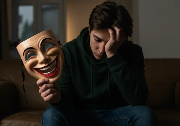 Person holding a smiling mask over their exhausted face.