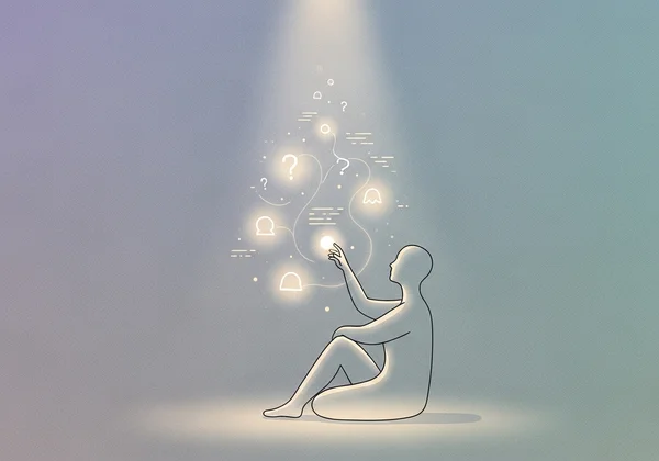 A person sitting in a comfortable space, thoughtfully completing an online self-assessment.