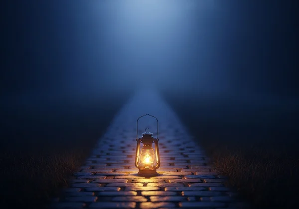 A warm lantern casting a gentle light on a path forward, symbolizing hope and guidance.